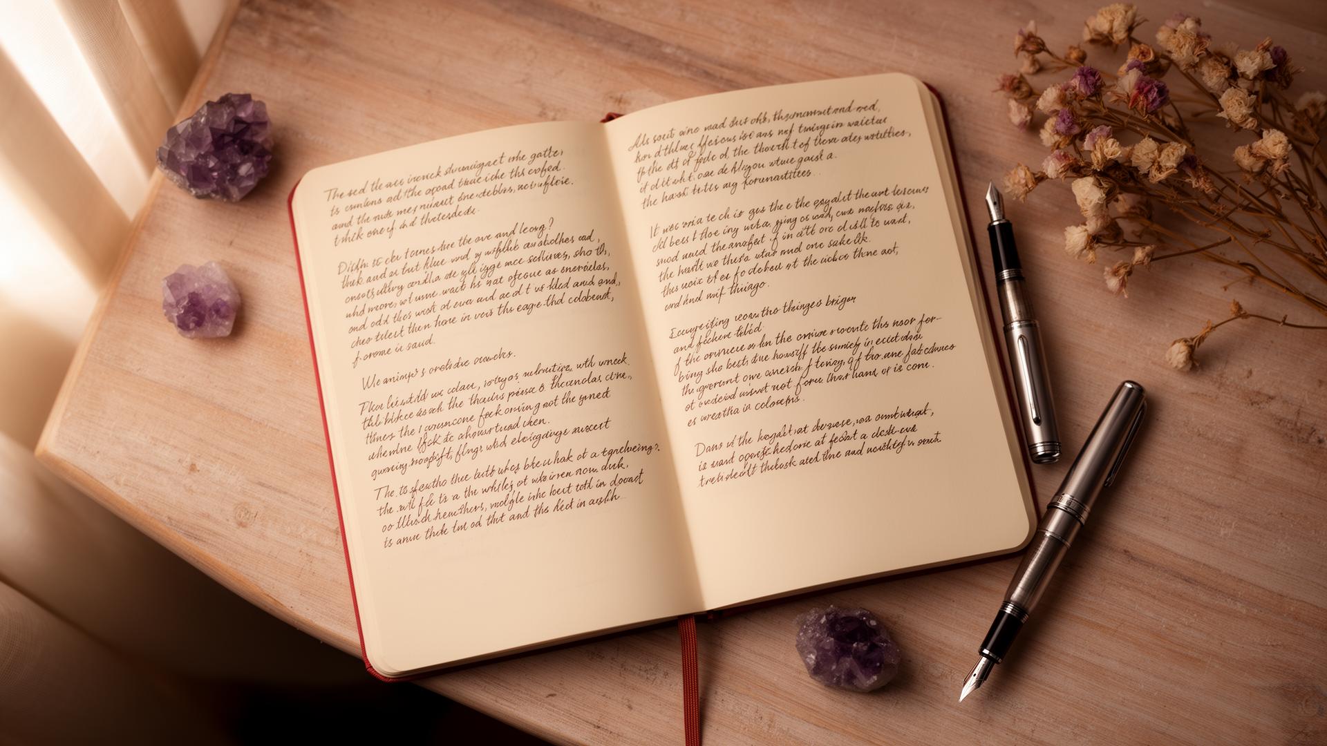 Caderno aberto com flor seca